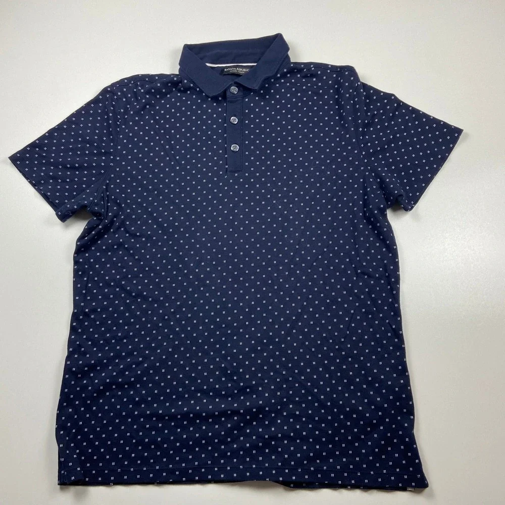 Banana Republic Luxury Touch Polo Shirt Mens L Navy & White Micro Dot Print Top